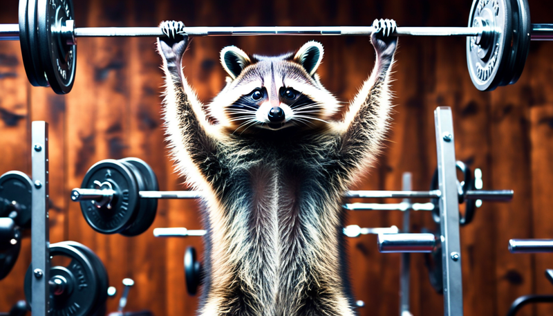 Ein echter Waschbär steht in einem Fitnessstudio und hebt eine Langhantel 