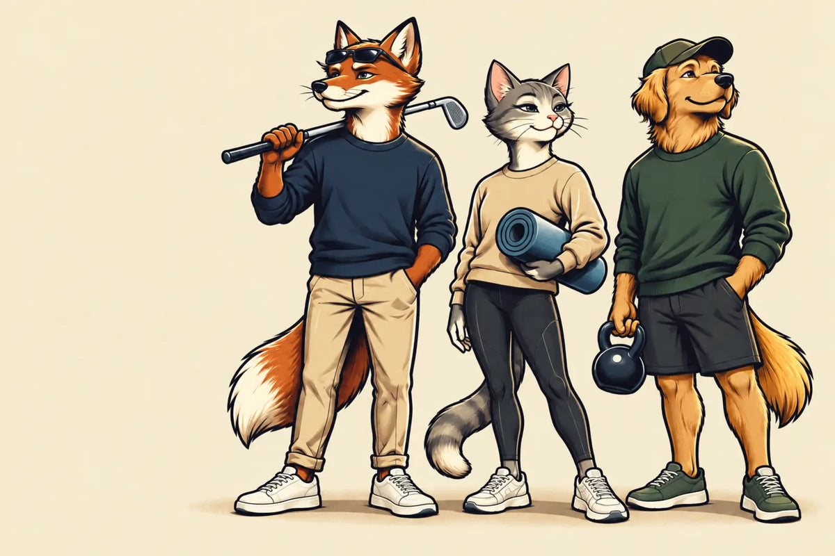Illustrierter Fuchs mit Golfschläger, Katze mit Yogamatte und Hund mit Kettlebell in Sweatshirts – Sporty Animals Tiermotive