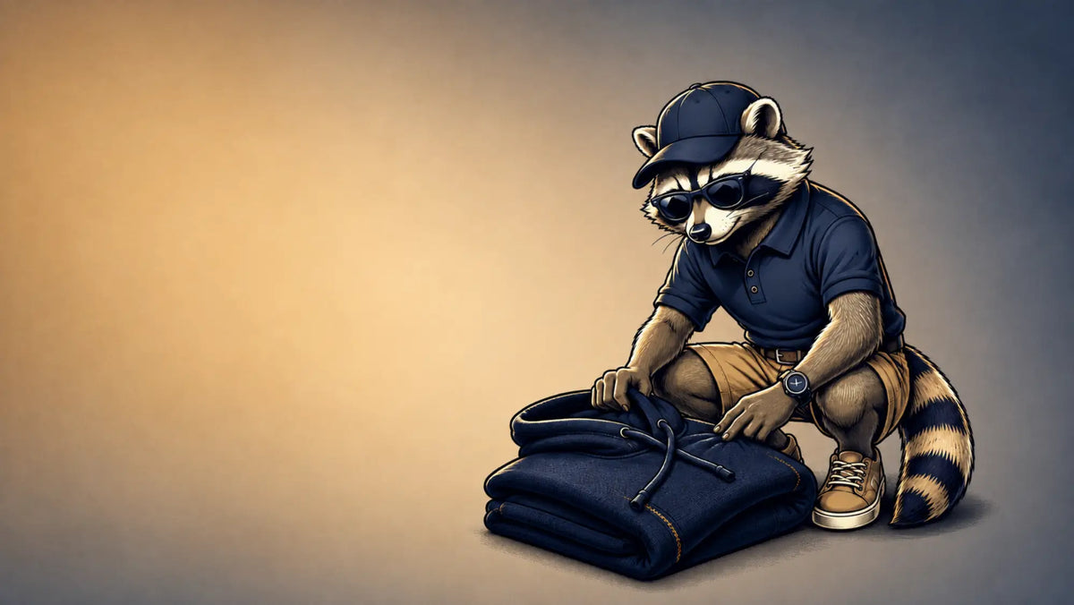 Ein Waschbär im Comic-Stil prüft die Qualität eines Hoodies