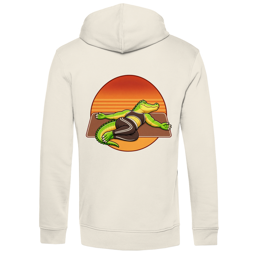 Yoga Crocodile Bio-Hoodie für Herren in Off White – Rückseite, Yoga-Krokodil mit Retro-Kreis als Rückendruck