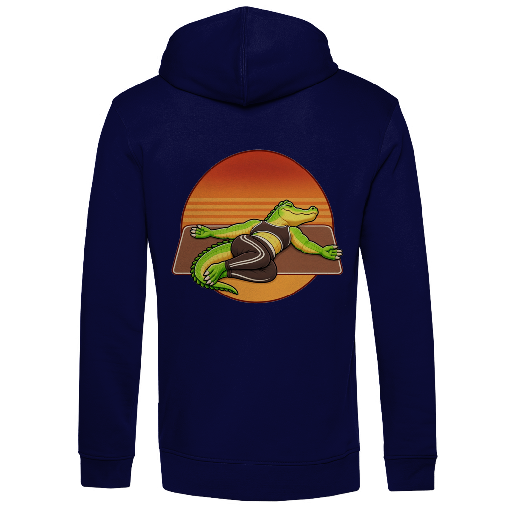 Yoga Crocodile Bio-Hoodie für Herren in Navy Blue – Rückseite, Yoga-Krokodil mit Retro-Kreis als Rückendruck