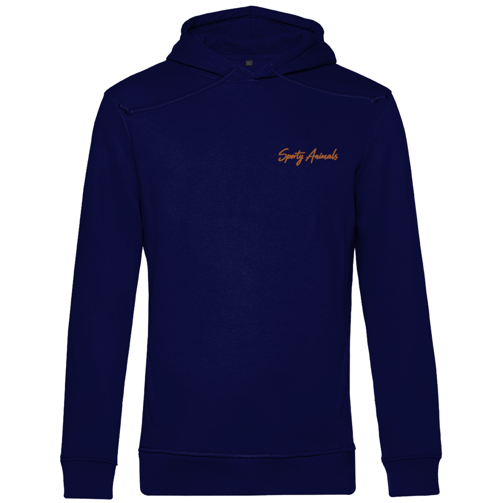 Yoga Crocodile Bio-Hoodie für Herren in Navy Blue – Vorderseite, Ansicht der Hoodie-Vorderseite
