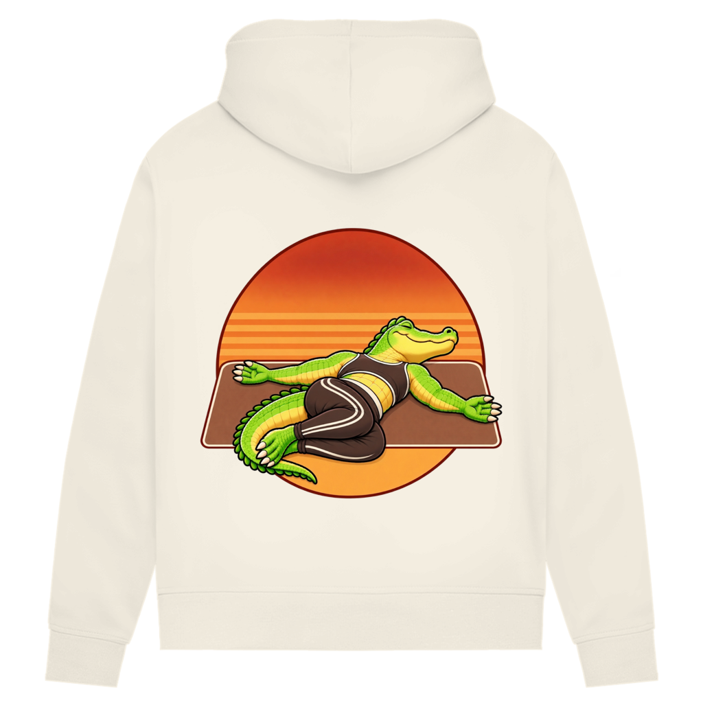 Yoga Crocodile Bio-Hoodie für Damen in Off White – Rückseite, Yoga-Krokodil mit Retro-Kreis als Rückendruck