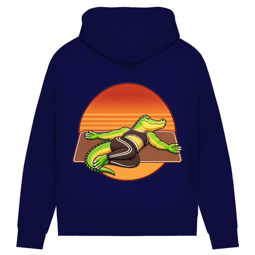 Yoga Crocodile Bio-Hoodie für Damen in Navy Blue – Rückseite, Yoga-Krokodil mit Retro-Kreis als Rückendruck