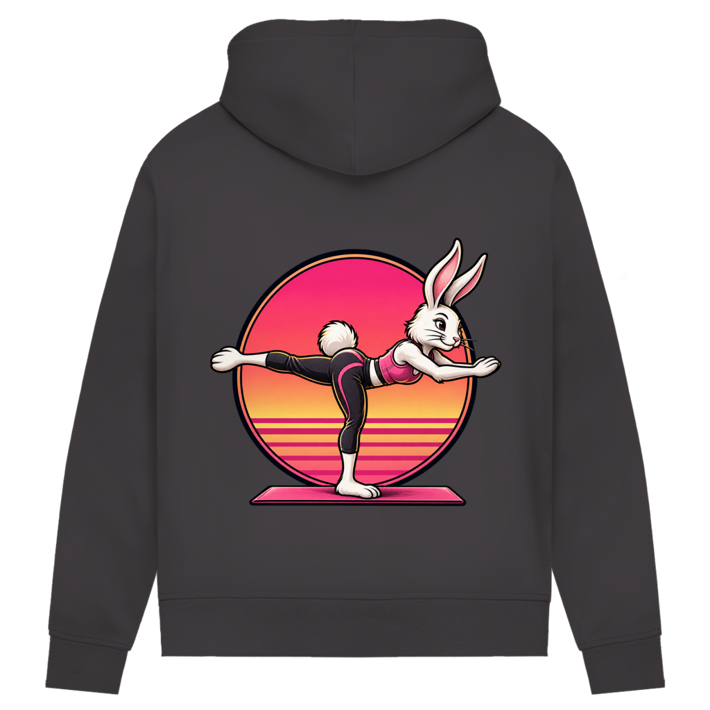 Hoodie für Damen aus Bio-Baumwolle – Hase beim Pilates in einbeiniger Balance | Sporty Animals