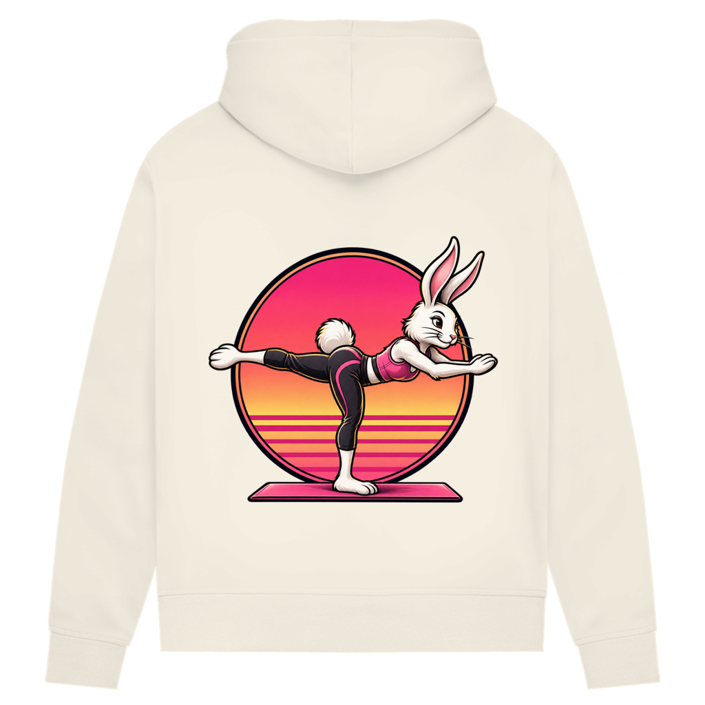 Hoodie für Damen aus Bio-Baumwolle – Hase beim Pilates in einbeiniger Balance | Sporty Animals