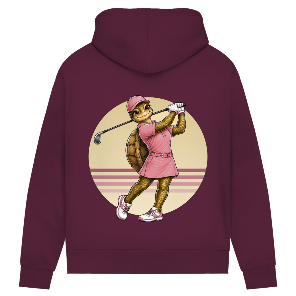 Golfing Turtle Damen-Hoodie in Burgundy – großes Rückenmotiv mit Schildkröte beim Golf im Retro-Circle