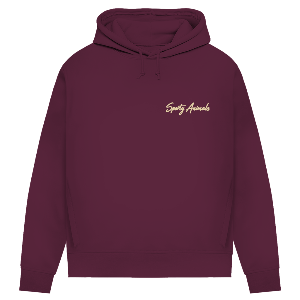 Golfing Turtle Damen-Hoodie in Burgundy – Vorderseite mit hellbeigem Sporty Animals Brustlogo