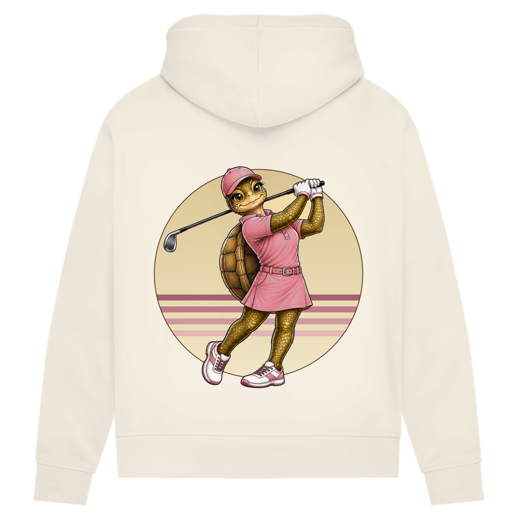 Golfing Turtle Damen-Hoodie in Off White – Rückenmotiv mit Golf spielender Schildkröte im Retro-Circle