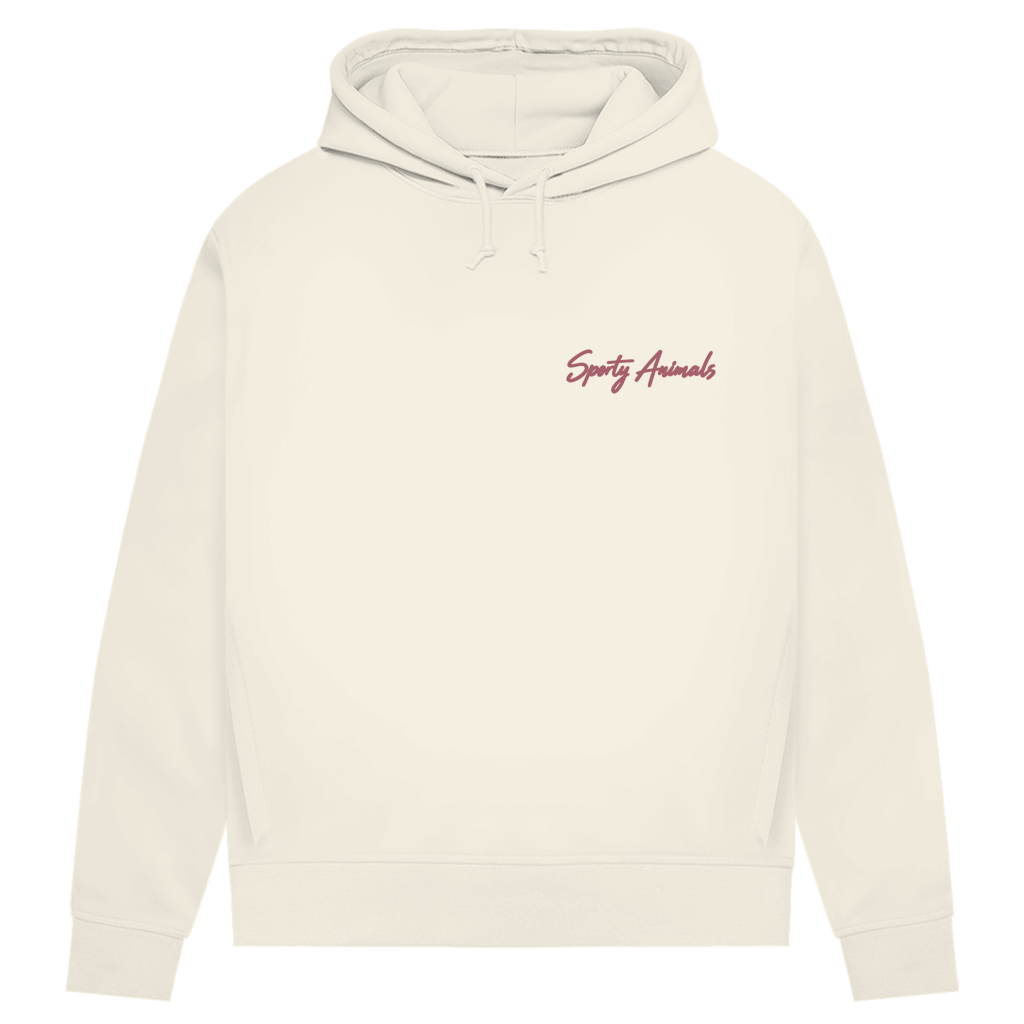Golfing Turtle Damen-Hoodie in Off White – Vorderseite mit roséfarbenem Sporty Animals Brustlogo