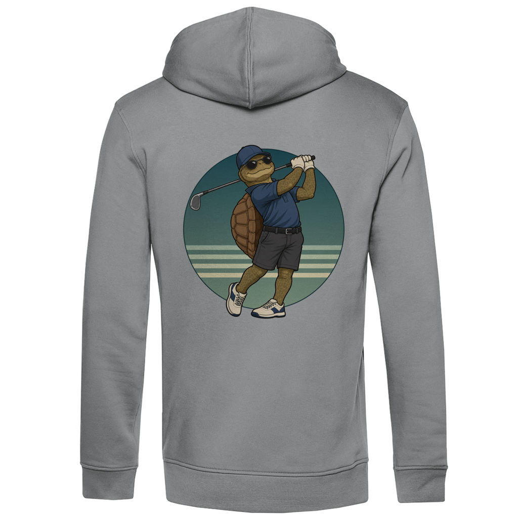 Golfing Turtle Herren-Bio-Hoodie in Heather Grey – großes Rückenmotiv einer Schildkröte beim Golf