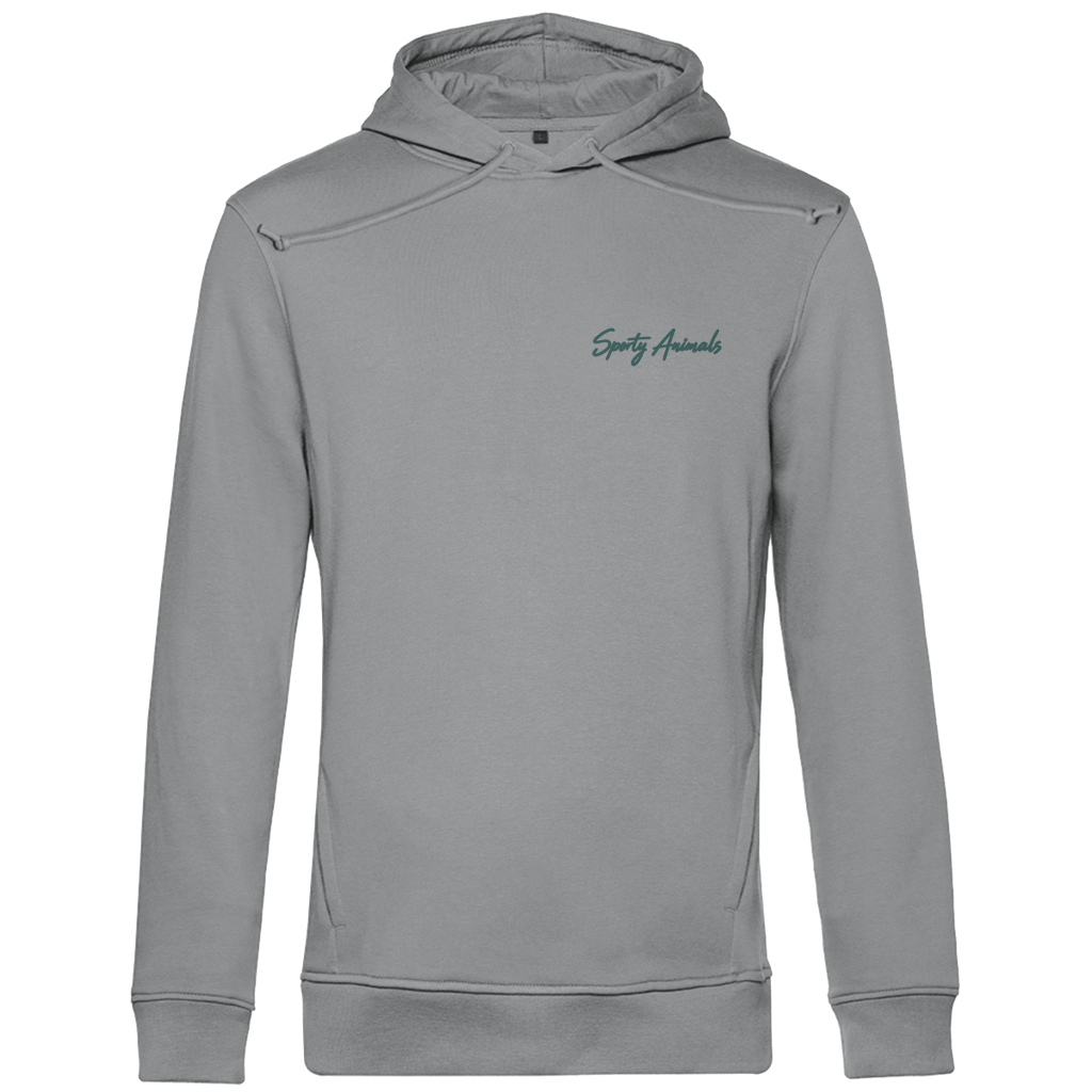 Golfing Turtle Herren-Bio-Hoodie in Heather Grey – Vorderseite mit Sporty Animals Brustlogo