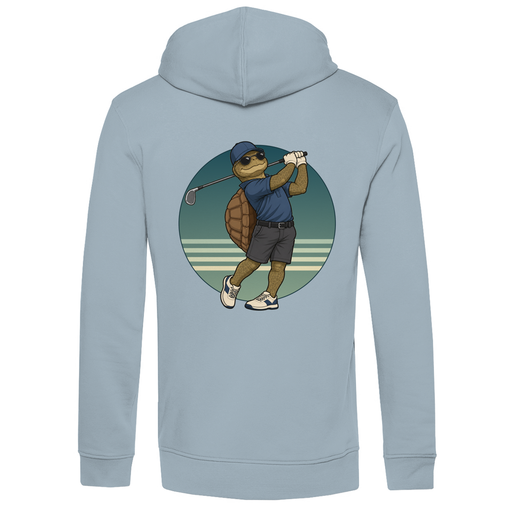 Golfing Turtle Herren-Bio-Hoodie in Blue Fog – Rückenansicht mit golfender Schildkröte und petrolfarbenem Retro-Circle