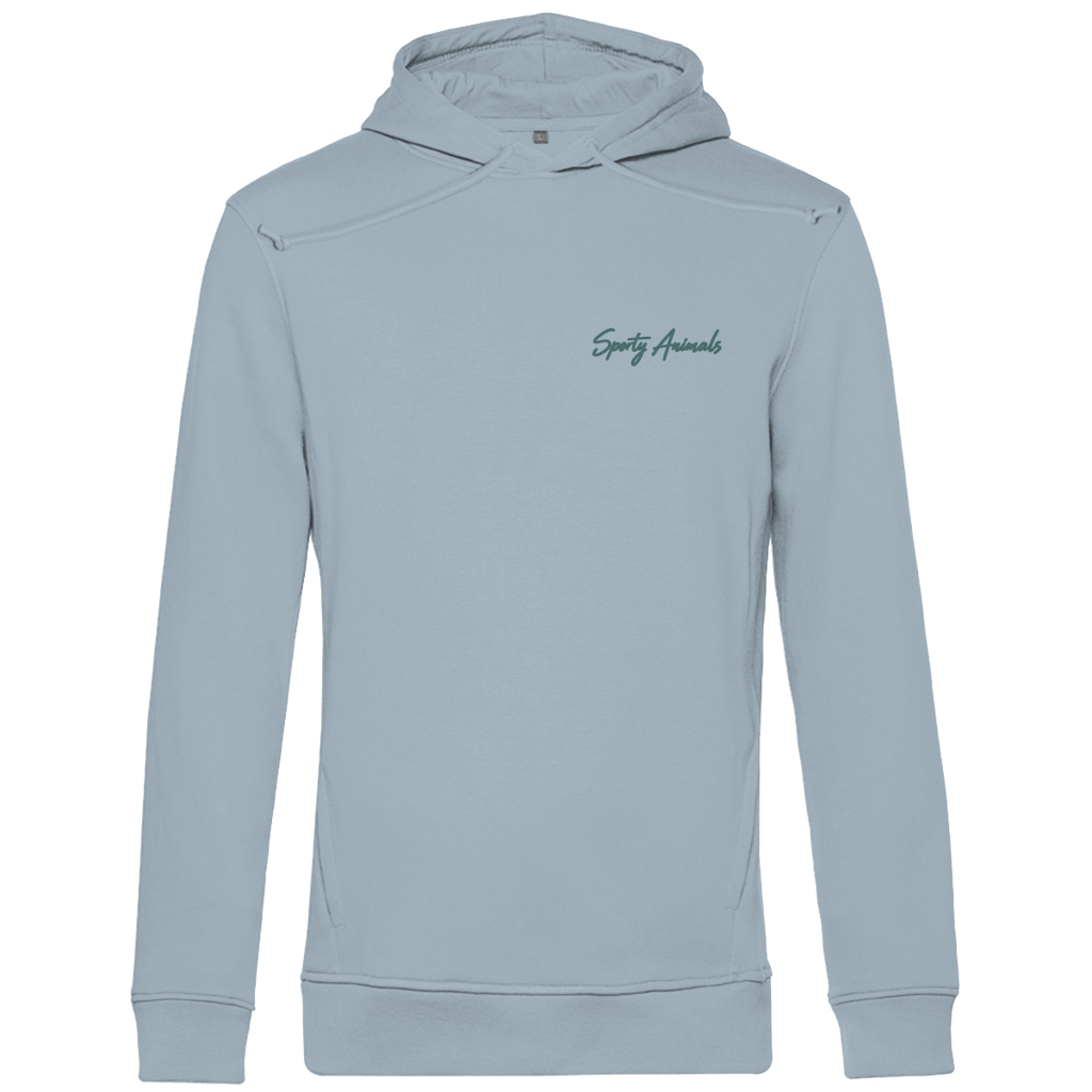 Golfing Turtle Herren-Bio-Hoodie in Blue Fog – Vorderseite mit dezentem Sporty Animals Brustlogo