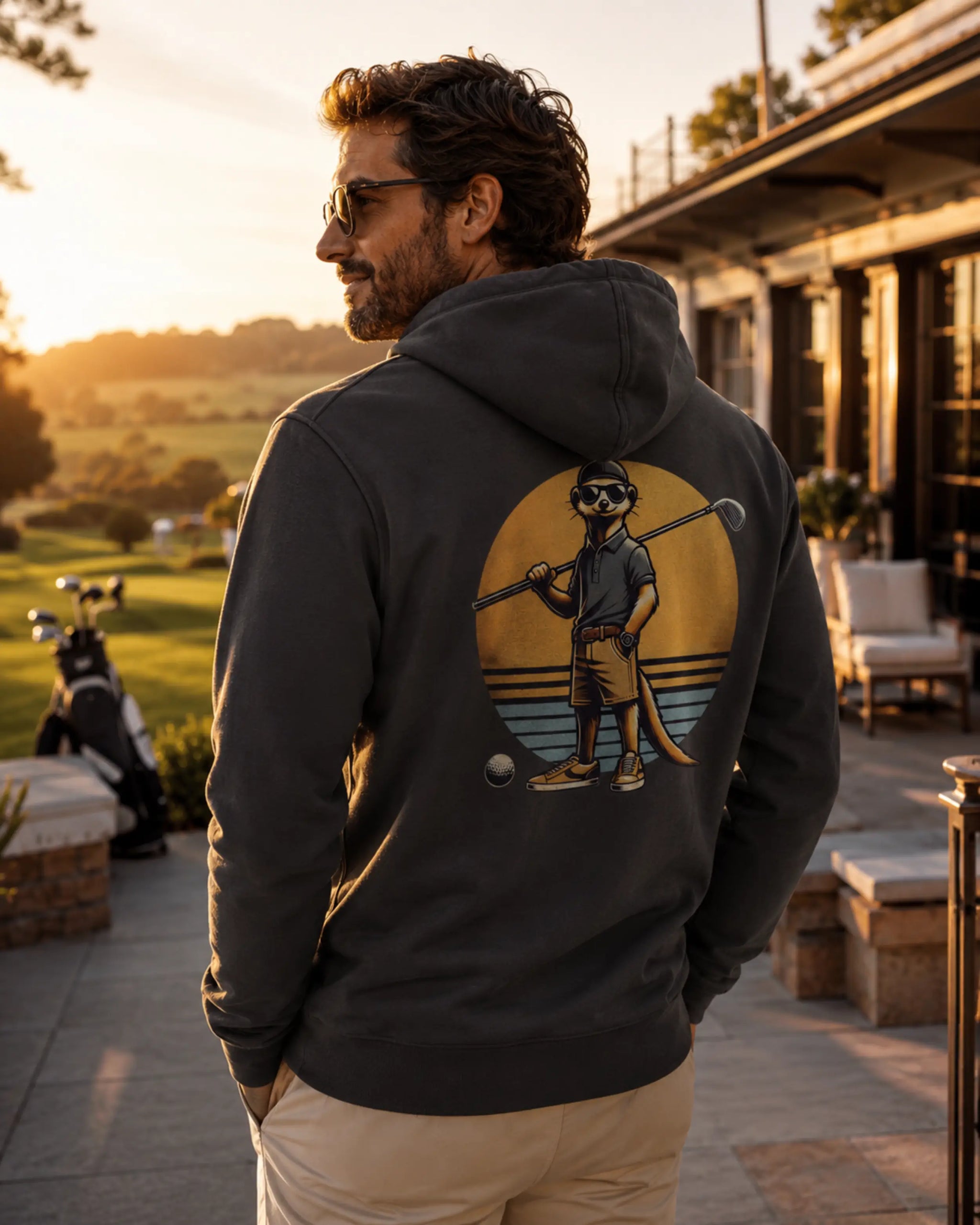 Ein Mann steht lässig mit den Händen in der Tasche und Blickt auf den Golfplatz. Er trägt einen Hoodie von Sport Animals mit einem Erdmännchen im Comic-Stil auf dem Rücken, das einen Golfschläger hält