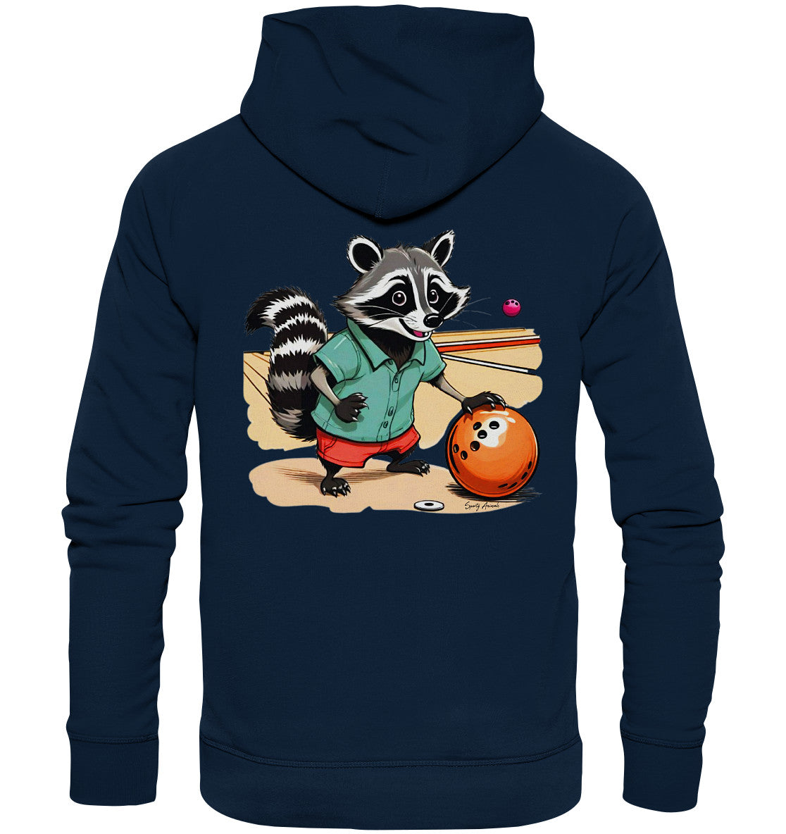 Bequemer Hoodie für Damen und Herren in Navy mit einem verspielten Waschbär-Bowling-Motiv. Perfekt für alle Bowling- und Tierfreunde.