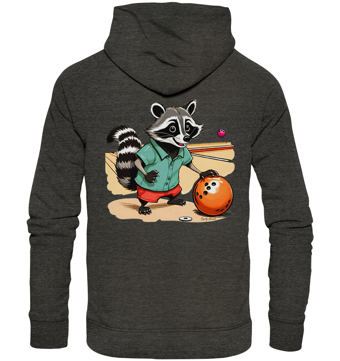 Cooles, dunkelgraues Unisex-Hoodie mit einem einzigartigen Comic-Design: Ein lässiger Waschbär in Sneaker wirft konzentriert eine Bowlingkugel. Perfekt für alle Bowling-Fans und Liebhaber skurriler Mode