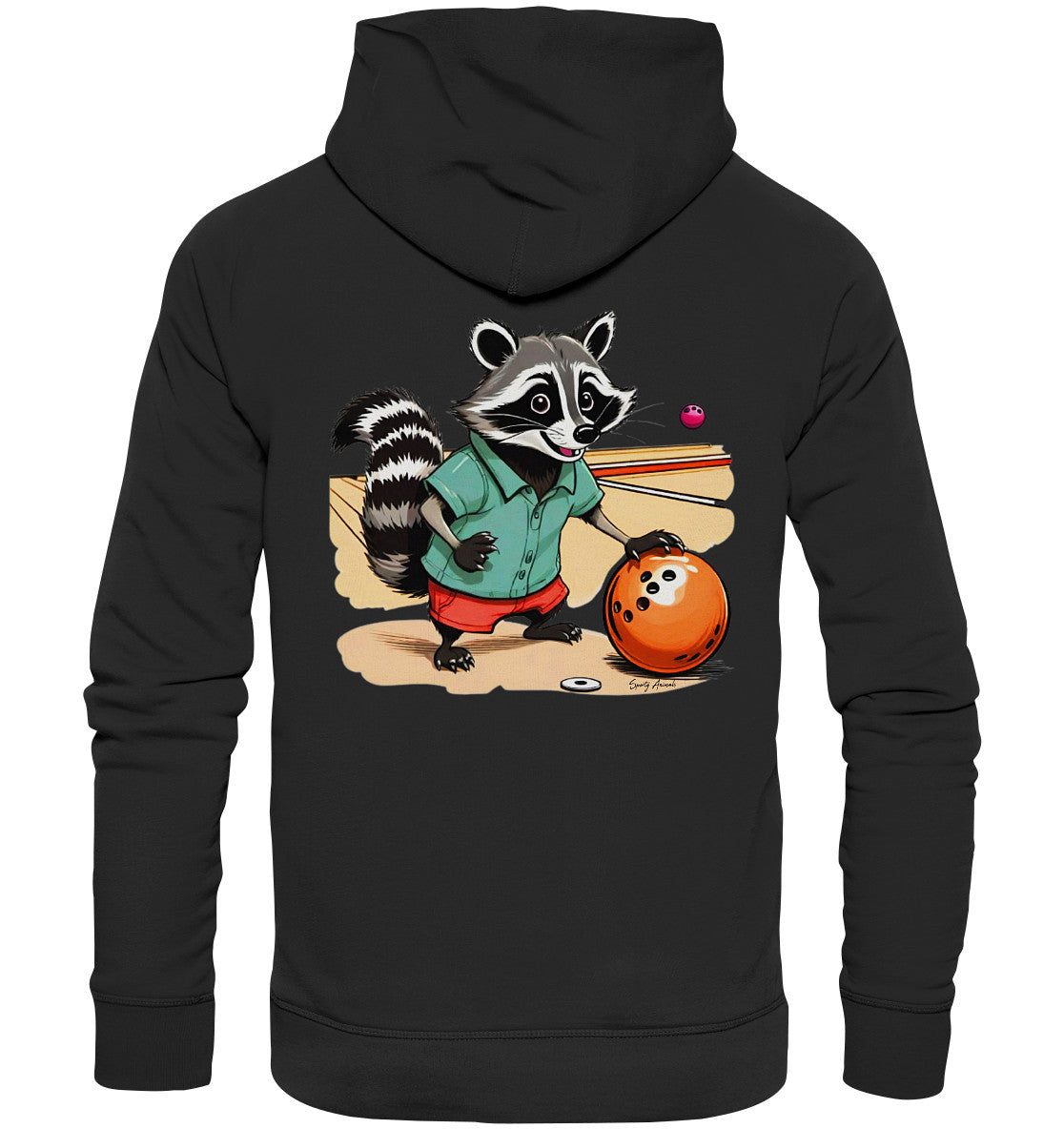 Unisex-Hoodie mit Waschbär-Bowling-Motiv in Schwarz. Perfekt für Herren und Damen. Bowling-Kleidung, Comic-Fashion, Streetwear