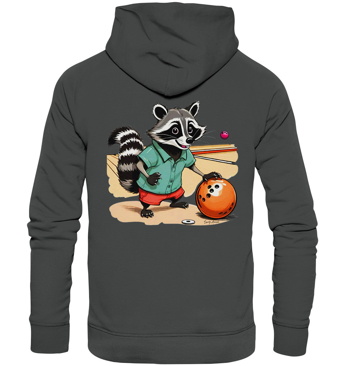 Anthrazitfarbener Hoodie mit lustigem Comic-Waschbären beim Bowling