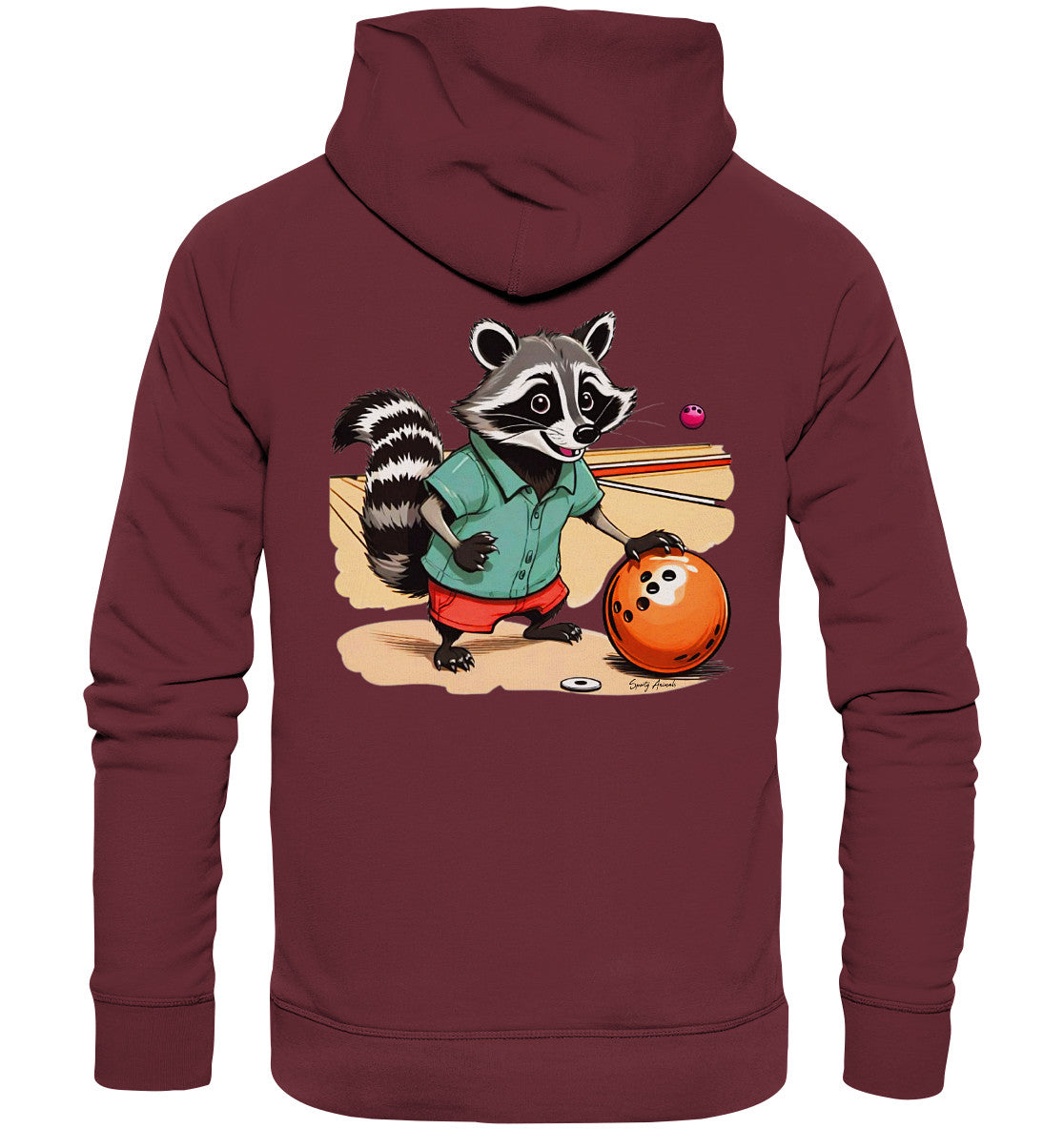 Trendiger Hoodie in Bordeaux mit einem auffälligen Waschbär-Bowling-Motiv. Ideal für alle, die Spaß an Comic-Designs haben.