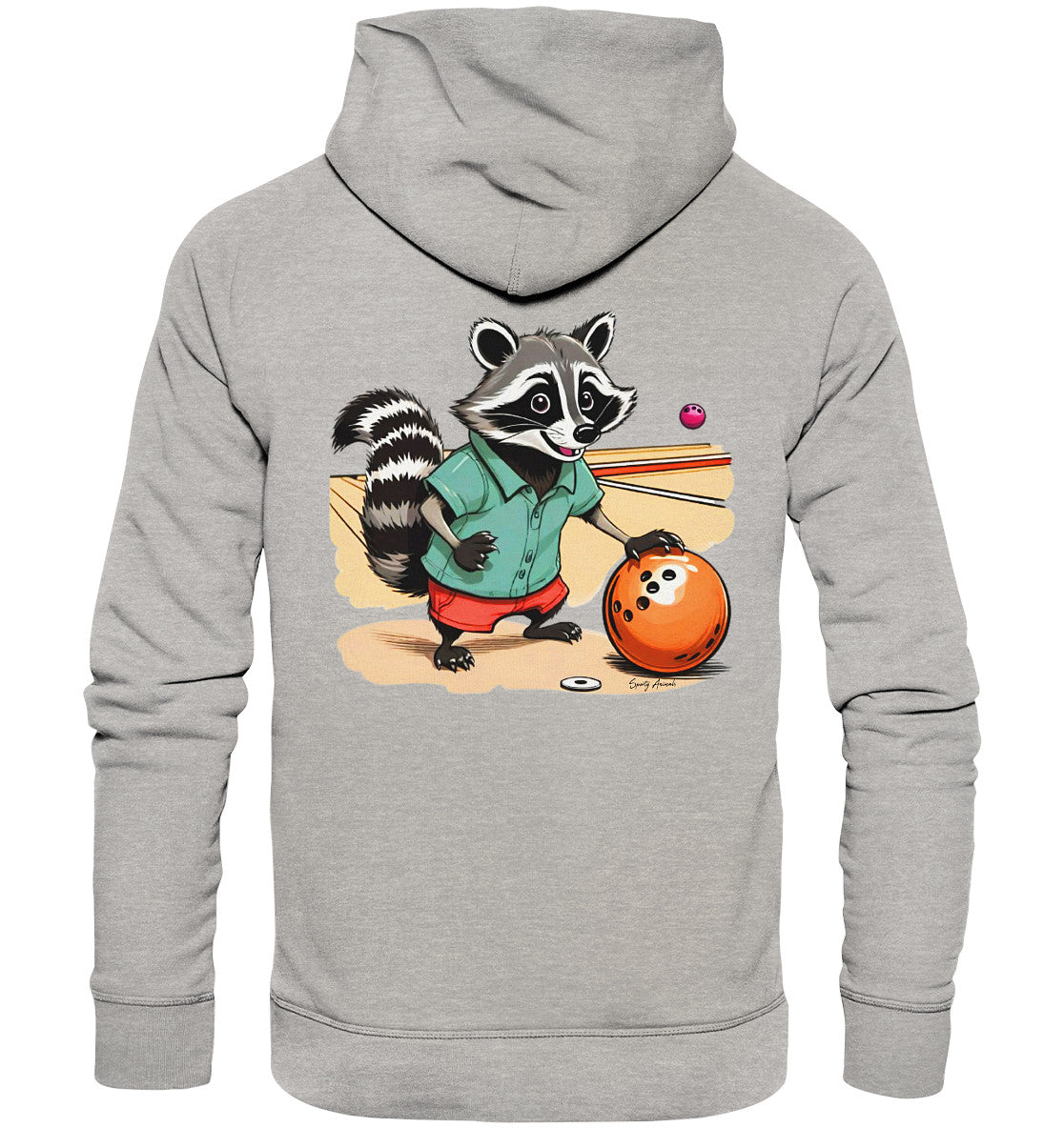 Lässiger Hoodie in dezentem Grau mit einem verspielten Kontrast: Ein Waschbär im Comic-Stil meistert die Bowlingbahn. Unisex-Passform für optimalen Tragekomfort.