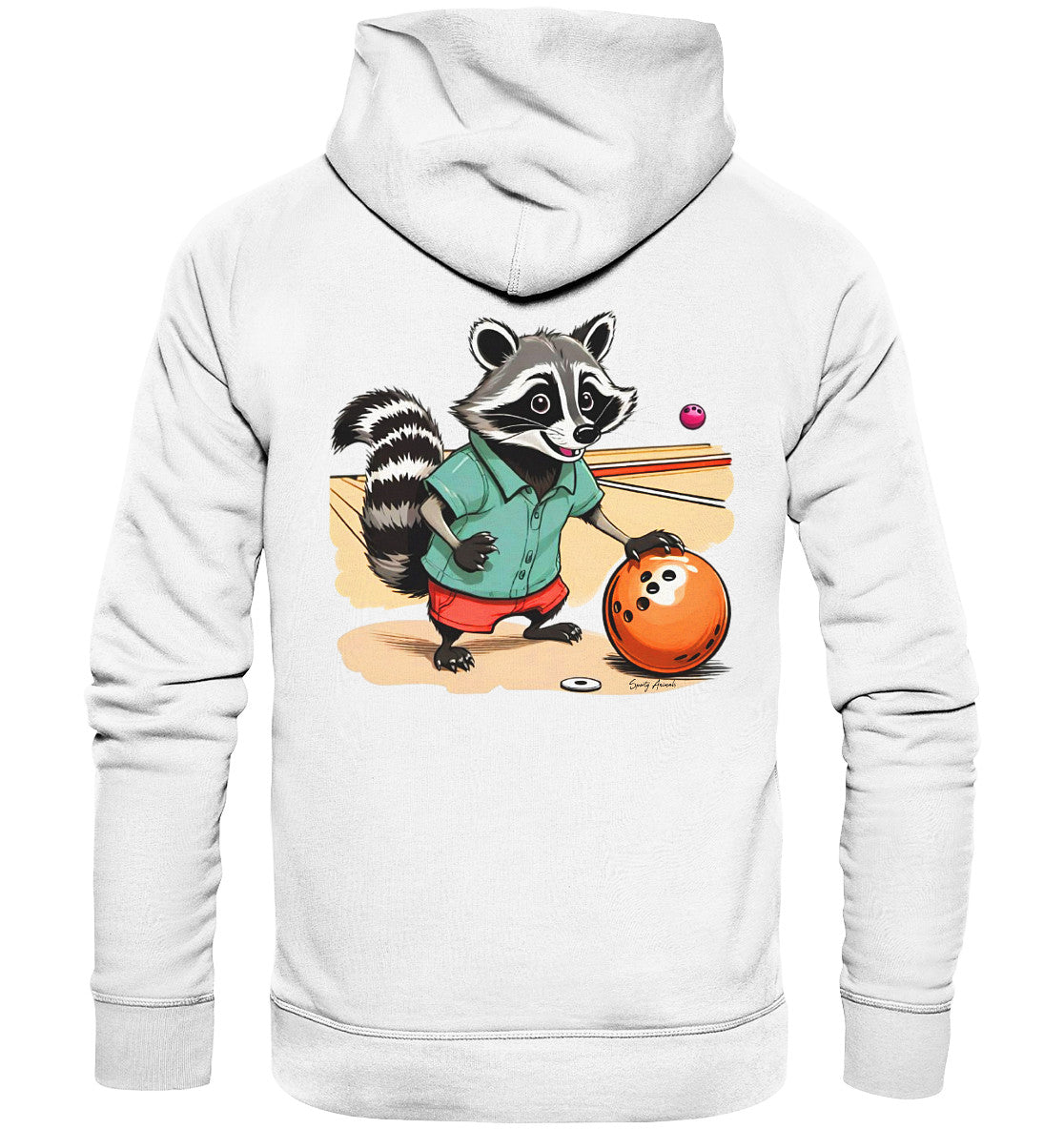 Weißer Unisex-Hoodie mit einem originellen Comic-Print: Ein Waschbär in coolen Posen beim Bowling. Perfekt für alle Bowling- und Waschbär-Fans!