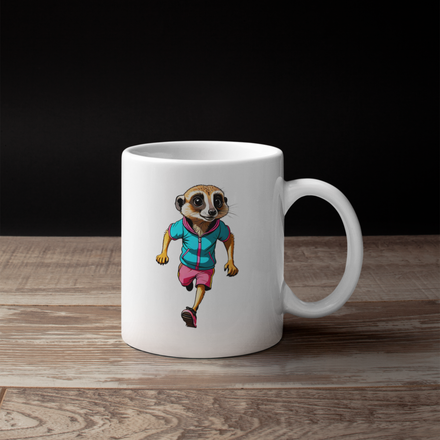 Eine Kaffeetasse mit einem lustigen Erdmännchen im Comic-Stil, das joggt, steht auf einem Holztisch