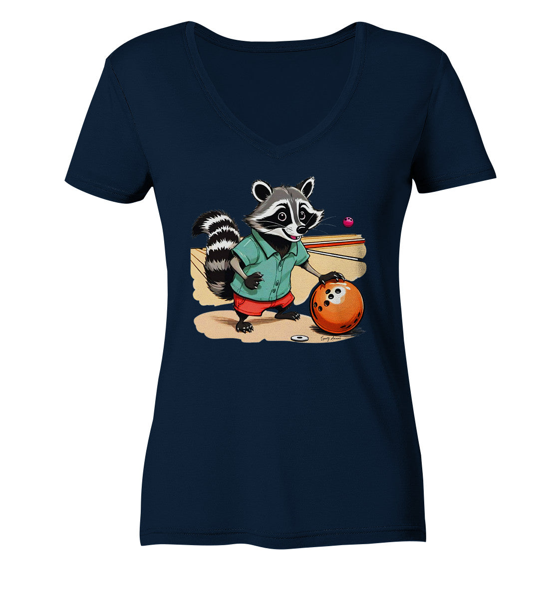 Coole Damen-Mode: Dieses navyblaue T-Shirt mit V-Ausschnitt ist ein echter Hingucker. Der witzige Print eines Bowling spielenden Waschbären im Cartoon-Stil sorgt für gute Laune.