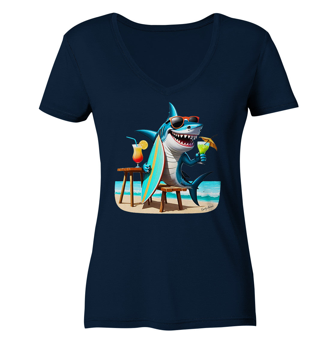 Surfing Shark - Ladies V-Neck Shirt