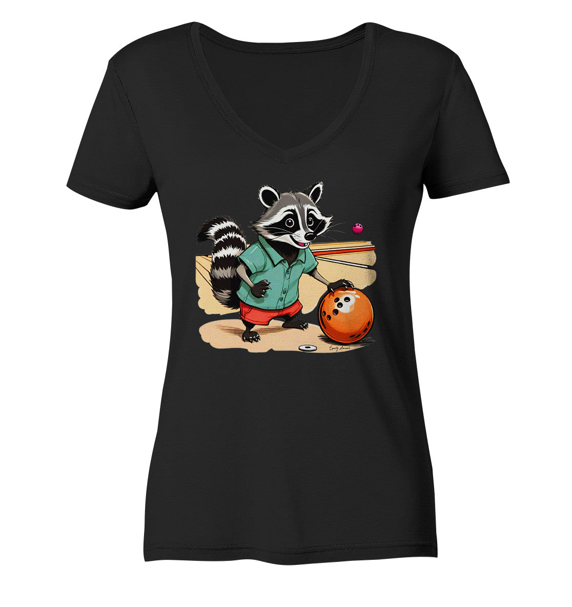 Ein schwarzes Damen-T-Shirt mit V-Ausschnitt, auf dem ein Waschbär im Comic-Stil mit einem Bowlingball in der Hand zu sehen ist.