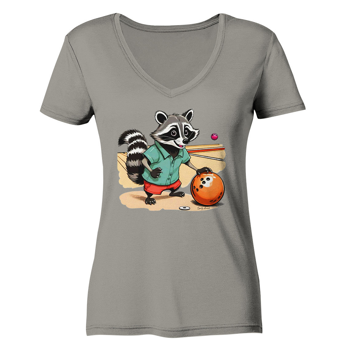 Modisches Damen-T-Shirt in Hellgrau mit einem verspielten V-Ausschnitt. Das coole Printmotiv zeigt einen Waschbären in Comic-Optik, der konzentriert eine Bowlingkugel wirft.