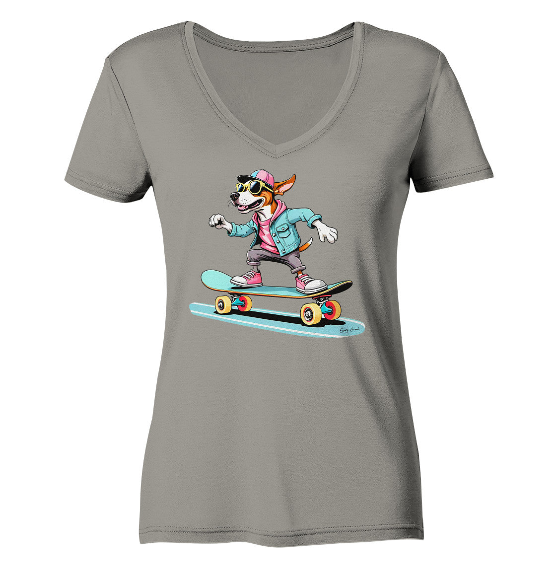 Skateboarding Dog  - Ladies V-Neck Shirt