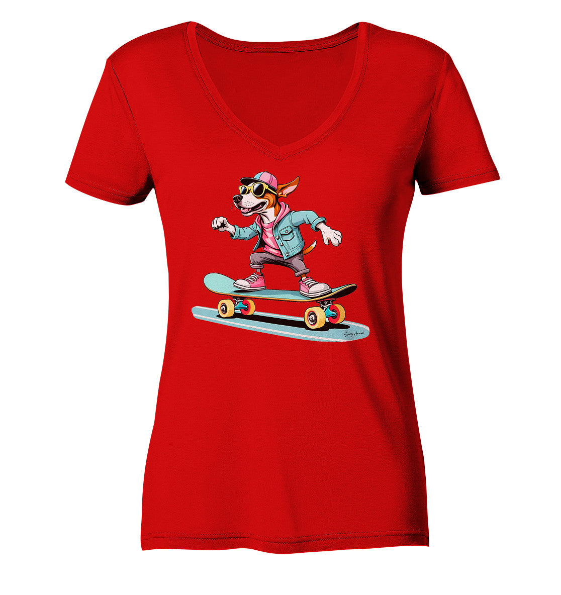 Skateboarding Dog  - Ladies V-Neck Shirt