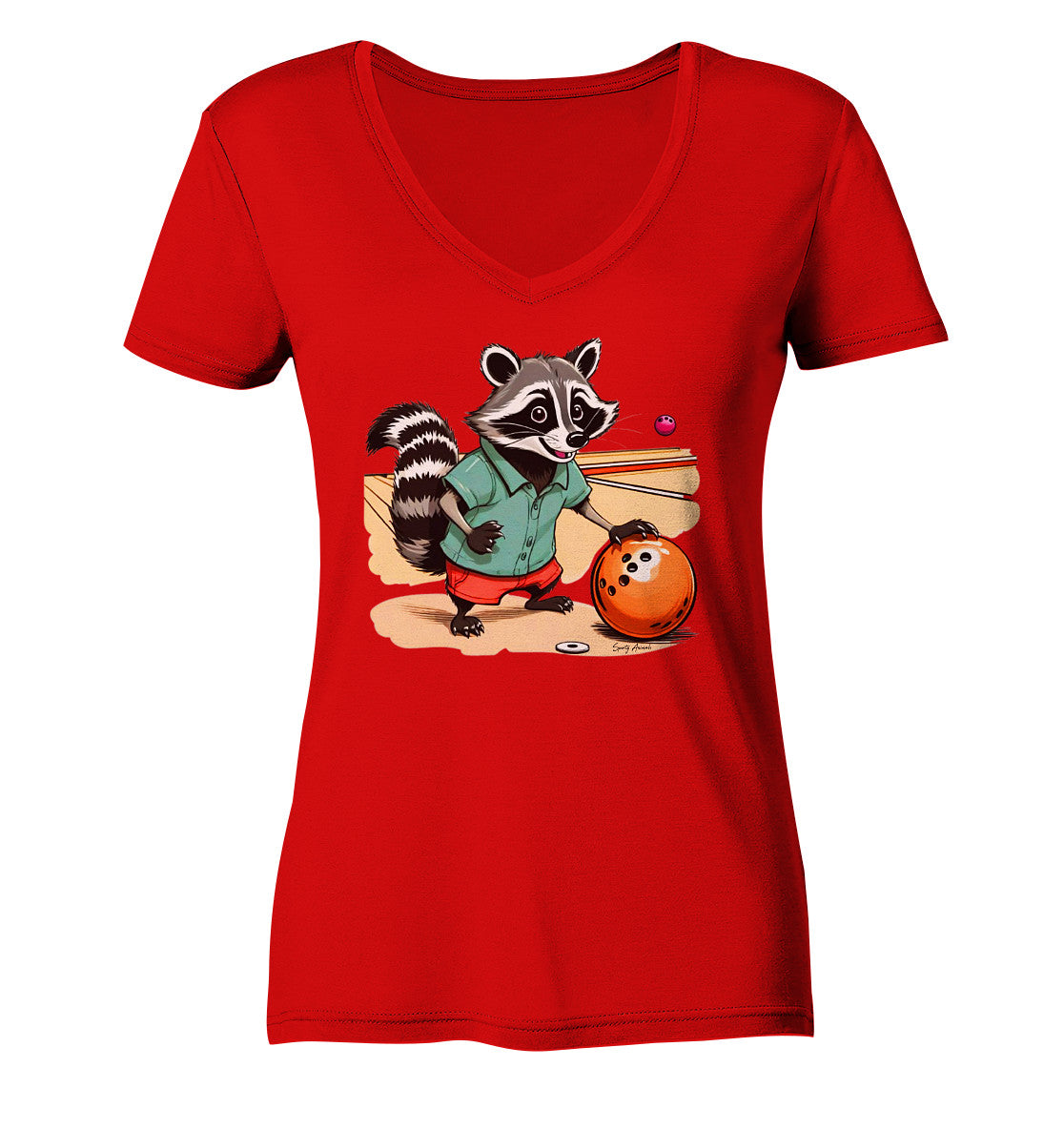 Rotes Damen-T-Shirt mit V-Ausschnitt. Lustiger Comic-Waschbär beim Bowling.