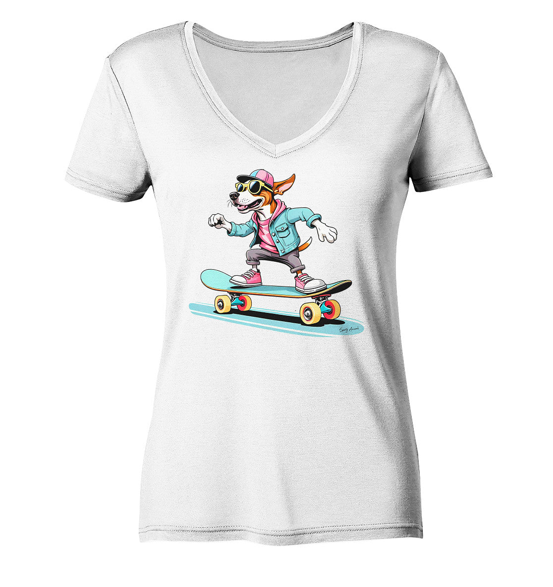 Skateboarding Dog  - Ladies V-Neck Shirt