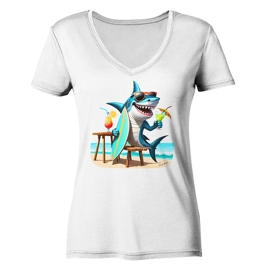 Surfing Shark - Ladies V-Neck Shirt