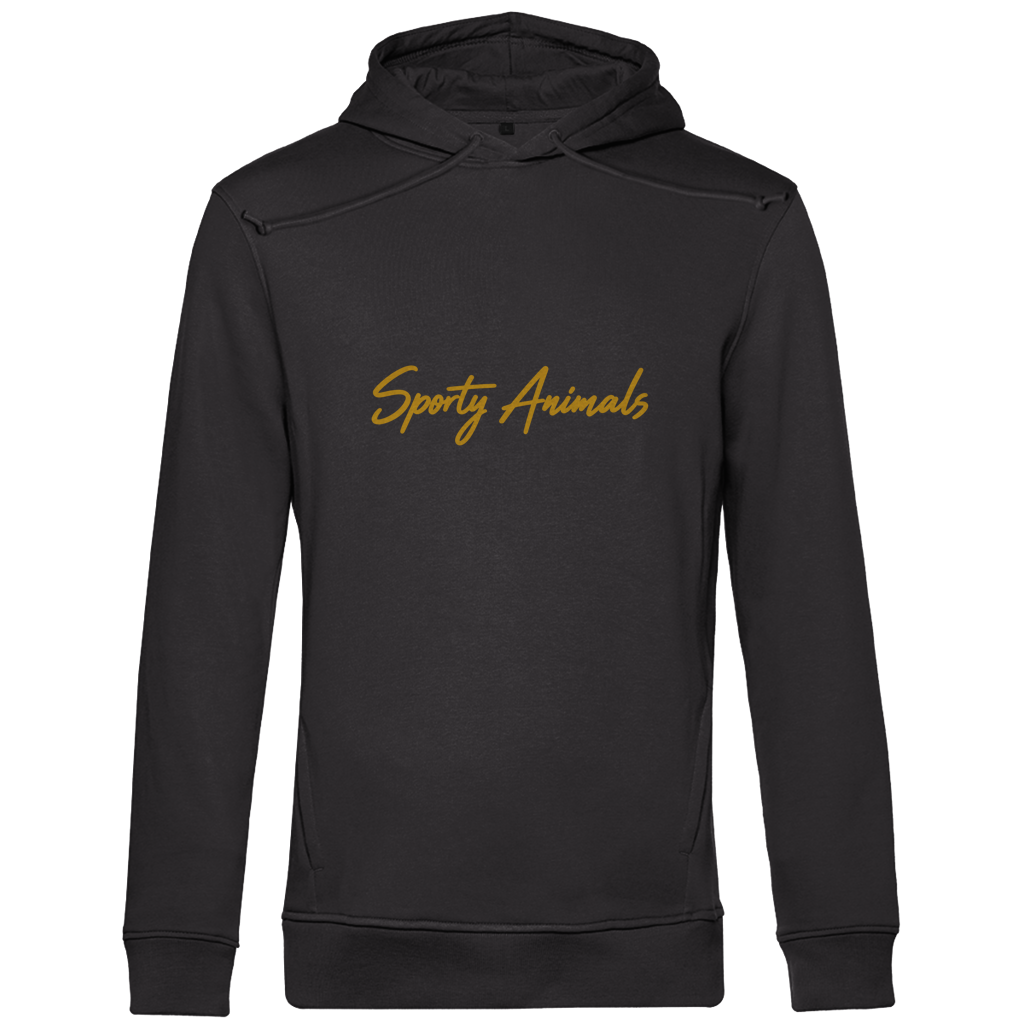 Hoodie aus Bio-Baumwolle – Erdmännchen beim Golf mit lässig geschultertem Schläger | Sporty Animals
