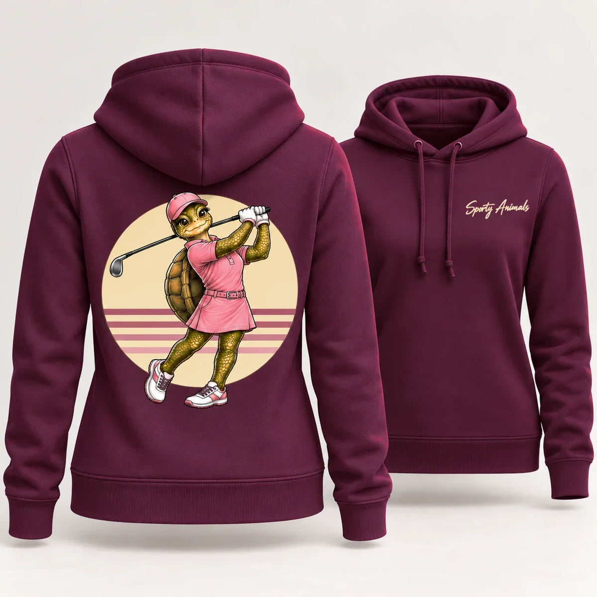 Golfing Turtle Damen-Hoodie in dunklem Burgundy – Rückenmotiv und Vorderseite mit hellem Sporty Animals Brustlogo
