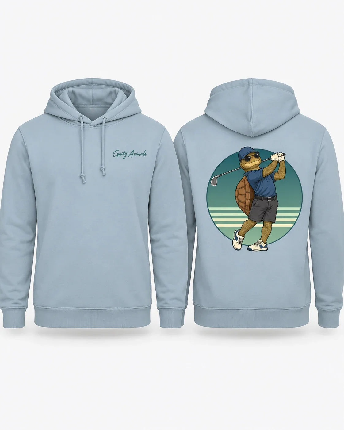 Golfing Turtle Herren-Hoodie in Blue Fog – Produktpräsentation mit Rückendruck und kleinem Sporty Animals Brustlogo