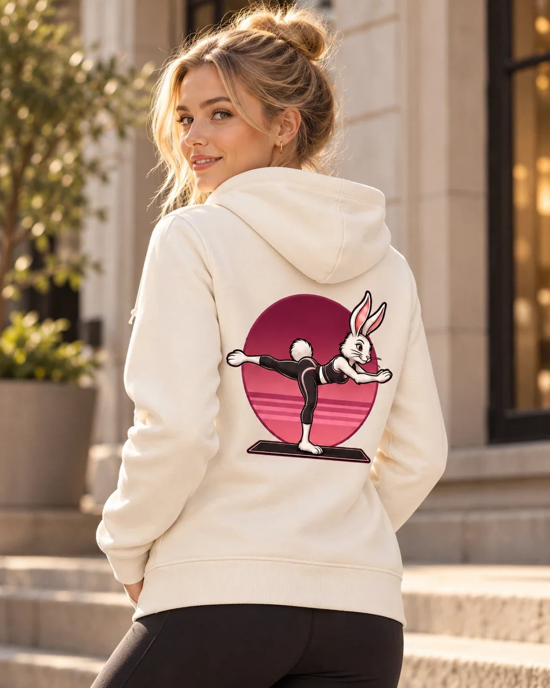 Frau im Pilates Bunny Damen-Hoodie in Off White – Lifestyle-Rückenansicht mit großem rosa Pilates-Hasenmotiv