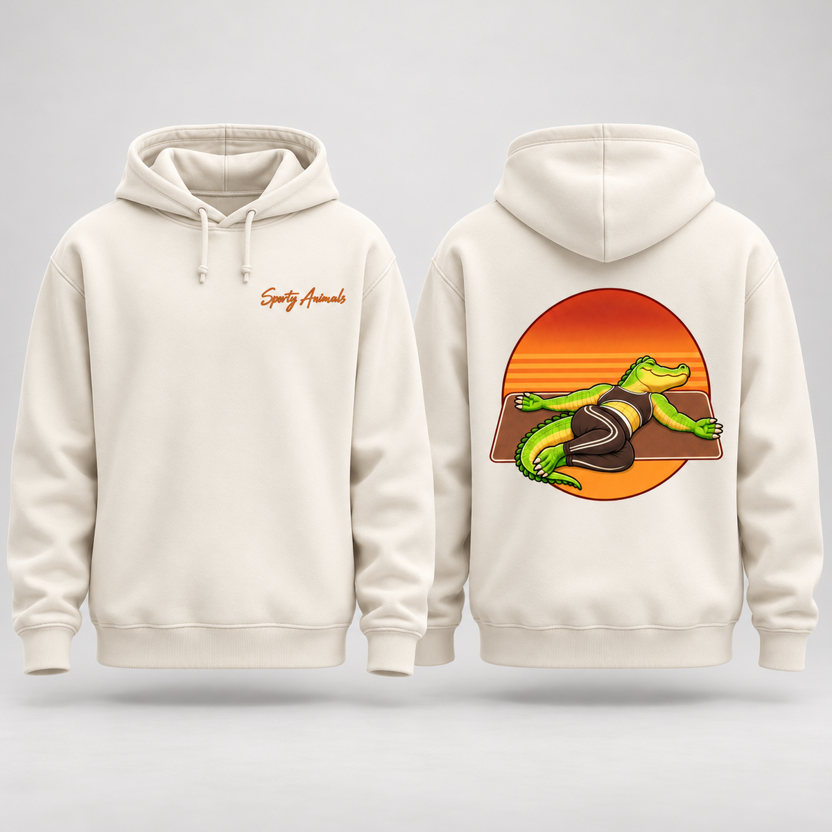 Damen-Bio-Hoodie Yoga Crocodile Off White – 3D-Produktmockup mit Vorder- und Rückansicht