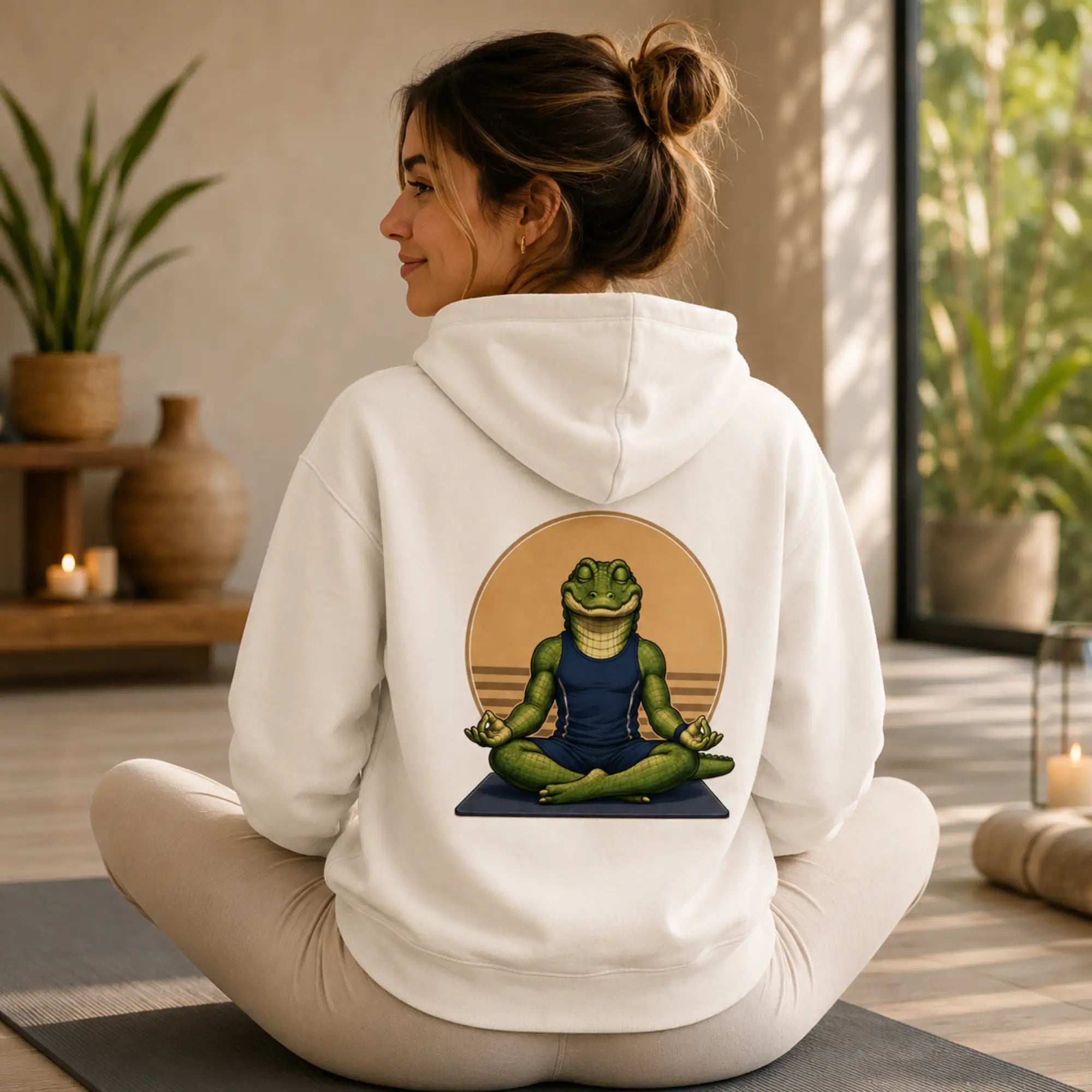 Eine hübsche junge Frau sitzt im Lotussitz und macht Yoga. Sie trägt einen  wunderschönen Hoodie in der Farbe off white mit einem Krokodil im Comic-Stil, das Yoga macht als Motiv auf dem Rücken.