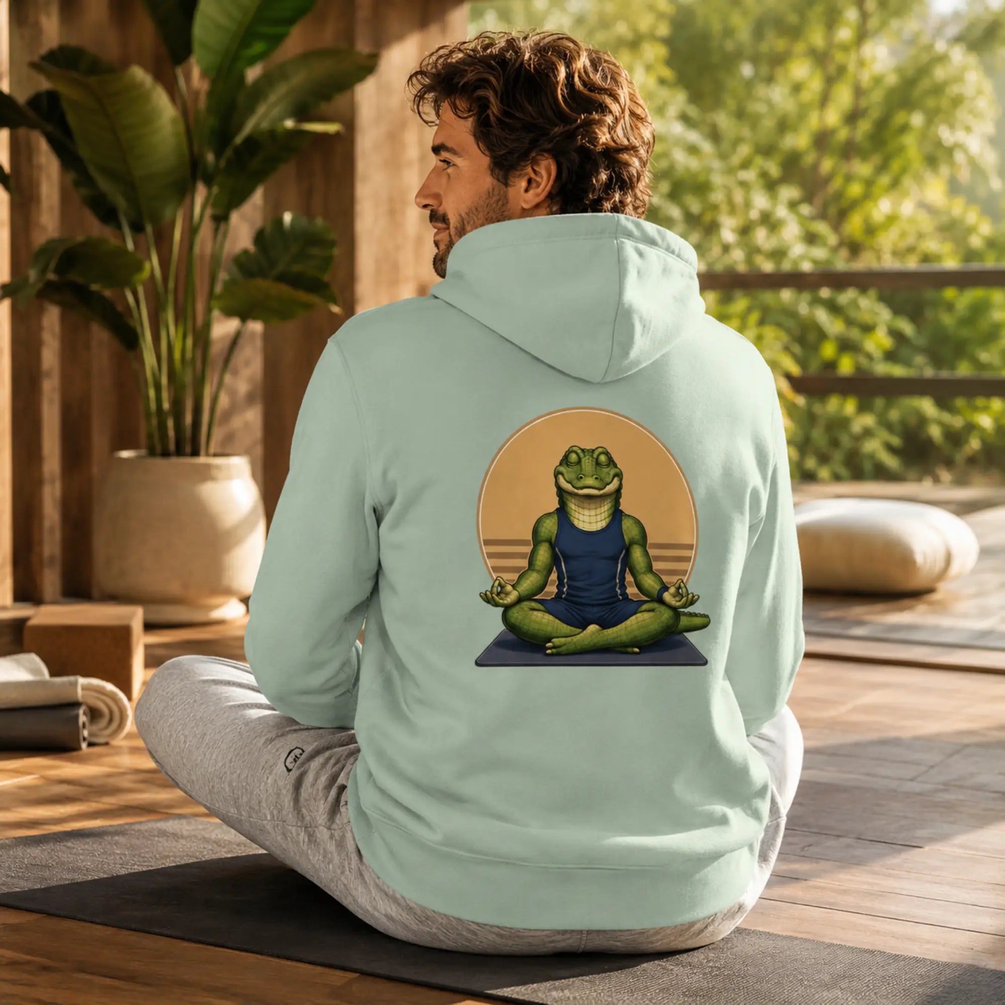 Ein Mann sitzt im Lotussitz und macht Yoga. Er trägt einen tollen Hoodie in der Farbe Sage von Sporty-Animals